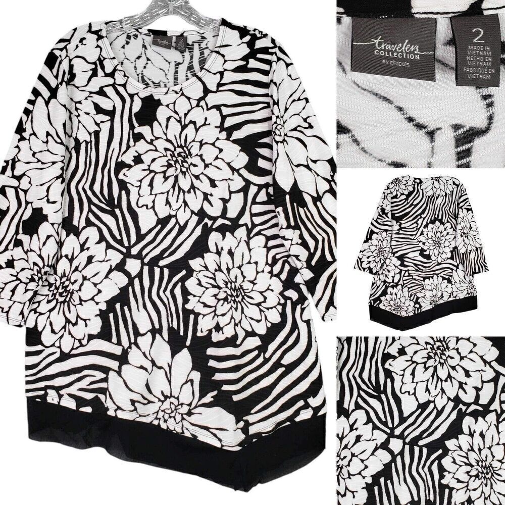 Chicos Travelers Tunic Top Slinky Knit Women’s Size Large or 2 Black Floral - Picture 1 of 10